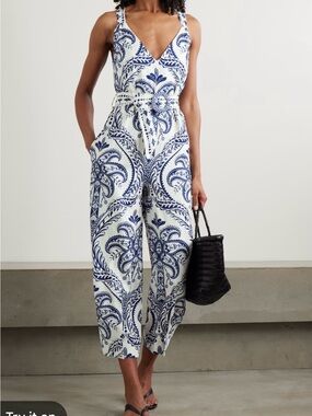 Farm Rio Belted Printed linen and lenzing ecovero blend jumpsuit xs